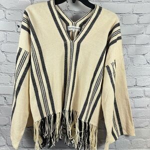 Apiece Apart Amelia Woven Fringe Poncho Sweater V-Neck Relax Cream Black XS NWT